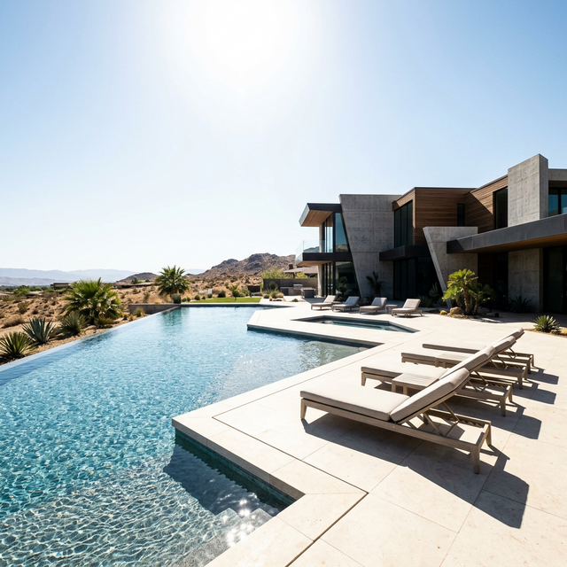 Área de piscina sob sol escaldante